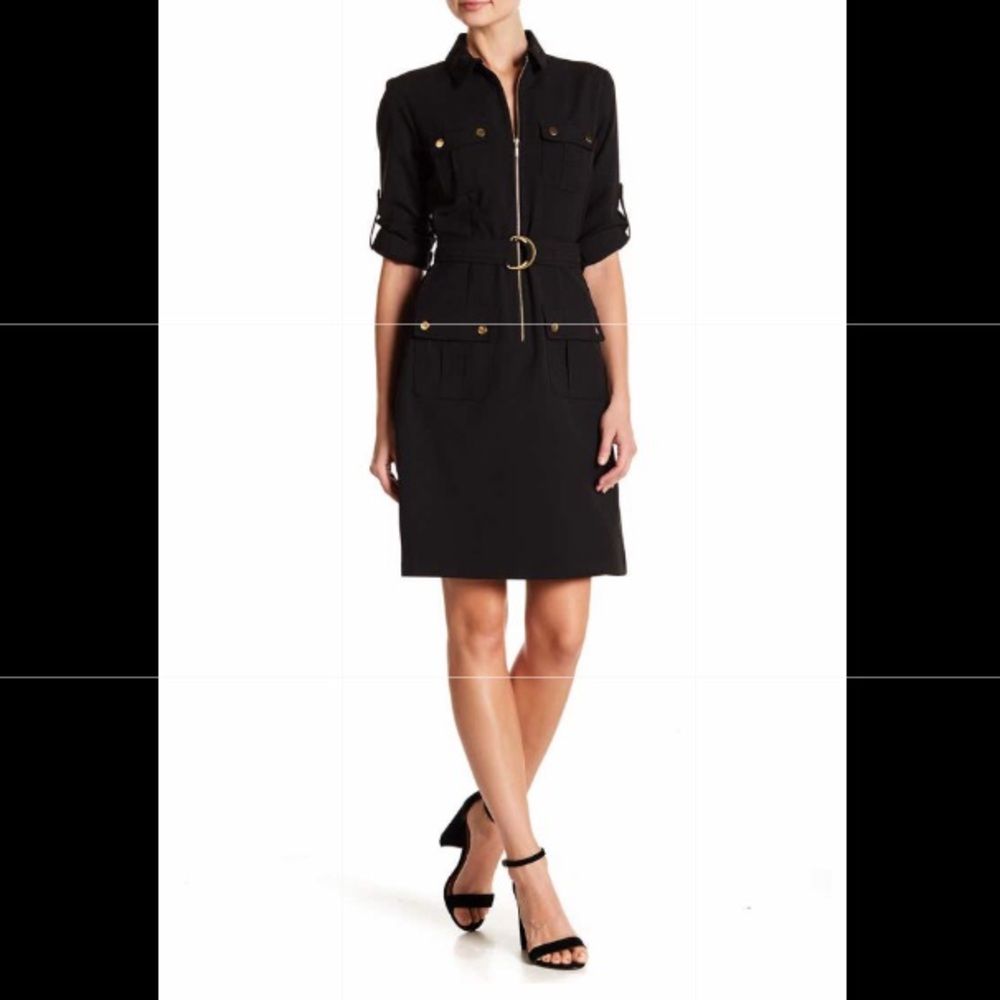 Sharagano Belted Zip Front Utility Shirt Dress